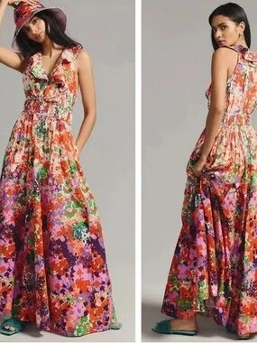 Maeve Floral Ruffle V-Neck Maxi Dress in Multicolor 6